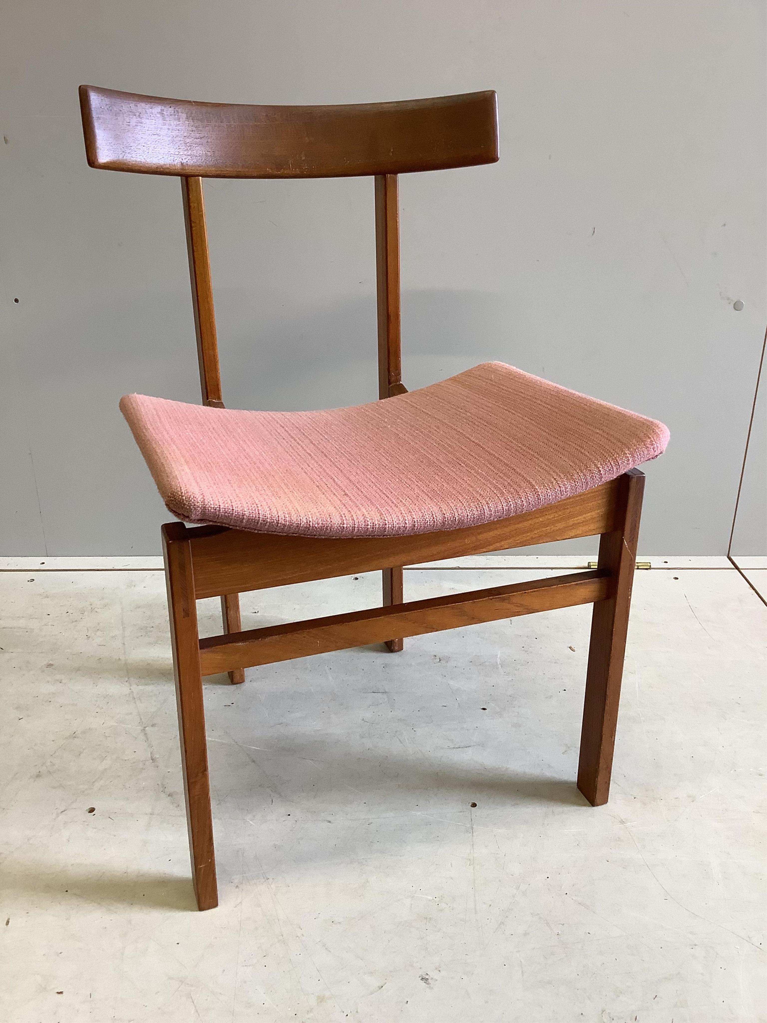 Five mid century Danish teak dining chairs by France & Sons, designed by Inger Klingenberg and purchased from Liberty in 1962, width 47cm, depth 48cm, height 74cm